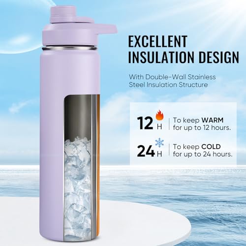 Image of Fijinhom Insulated Water Bottle with Handle, 304 Stainless Steel Water Bottles with Wide Mouth, Double Wall Vacuum Sports Water Bottle, BPA Free, Keep Cold and Hot, 24 Ounces, Purple