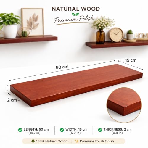 Image of Premium Wood Floating Shelves Set of 2-50cm Wall Mounted Storage Display Racks for Living Room & Bedroom, Sturdy Wood Shelves for Home Decor, Easy Install, Rich Polish Finish, Brown