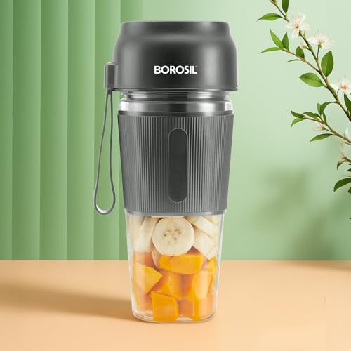 Borosil NutriGrip Grey Portable Blender | 40W Low-Noise DC Motor | 300ml Unbreakable PC Jar | USB Rechargeable | Turbo 6 Blade Action | Smoothies, Shakes, Soft Fruit, Protein Mix | 1 Year Warranty