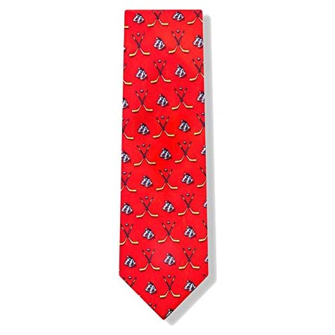 100% Silk Red Hockey Lover Skates Pucks and Hockey Sticks Necktie Tie Neckwear Cover