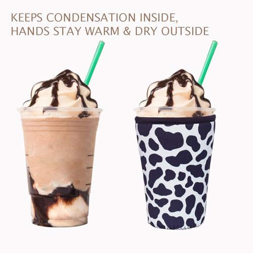 Image of Reusable Insulated Neoprene Iced Coffee Cup Sleeve, Durable Drink Sleeve for Cold Beverages, Beverage Holder for Iced Coffee (Cowprint Chic)