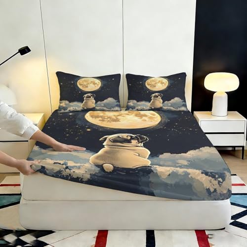 Drap housse imprimé 3D chien lune en tissu microfibre doux et résistant - 7