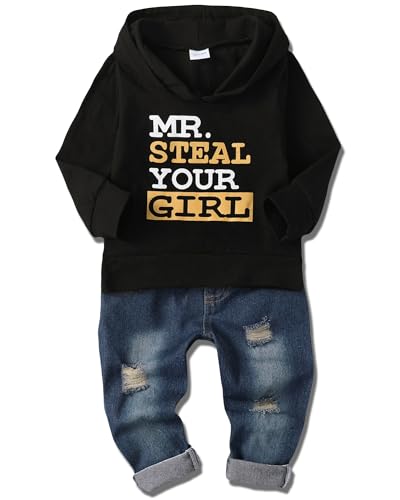 Image of YALLET Toddler Baby Boy Clothes, Long Sleeve Letter Hoodies Top+Ripped Denim Pants 2pcs Fall Winter Outfit Sets