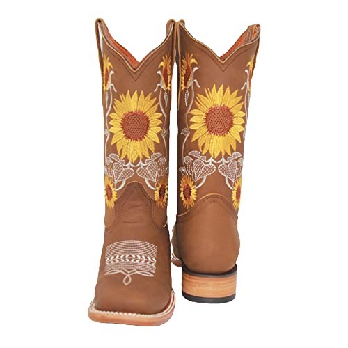 Women’s Square Toe Leather Cowgirl Cowboy Boot Sunflower Floral Embroidered Western Boots2