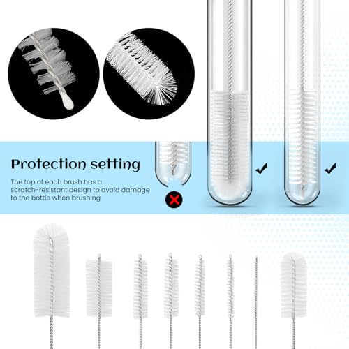 8PCS Small Bottle Brush Set - Nylon Straw Cleaner & Narrow Neck Bottle Cleaning Brushes for Water Bottles, Jars, Teapot Spouts, Reusable Pipe Cleaner Brushes (White)