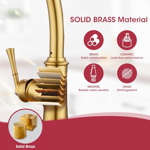 Kitchen Faucets with Pull Down Sprayer, Gold Kitchen Sink Faucet Brass High Arc Single Handle with Deck Plate 1 or 3 Hole Vintage Sink Faucet 3 Sprayer Modes for Farmhouse Camper Laundry