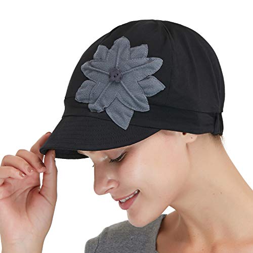 Bamboo Fashion Hat For Woman Daily Use With Brim Visor, Hats For Cancer Chemo Patients Women (Black With Grey Flower) #TOP3