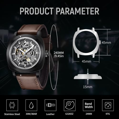 Image of Benyar Automatic Watches for Men | Skeleton Mechanical Leather Strap Mens Watch | 45mm Dial | 30M Waterproof | Men's Stylish Gift