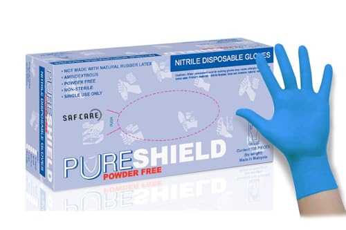 PURESHIELD Blue, Nitrile Gloves, 9.5" Length, Powder Free, 5 mil, Latex Free (Box of 100) (Small)