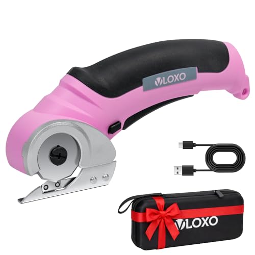 VLOXO Cordless Electric Scissors, Cardboard Cutter with Safety Lock 4.2V Electric Mini Cutter Power Rotary Scissors for Leather Felt Rug Box with Storage Box Pink