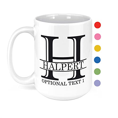 Personalized Monogram Ceramic 15oz White Coffee Mug with Custom Text and Name Initials, DYE Halpert, Taza para Cafe Personalizadas, Customized with Back Options, Custom Gifts Men, Gifts for Women