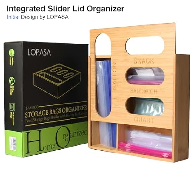 LOPASA Baggie Organizer for Drawer Compatible with Ziplock Food Storage Bag, Sandwich Bag Organization for Kitchen Drawer, Plastic Baggie Storage Box for Pantry(Bamboo)