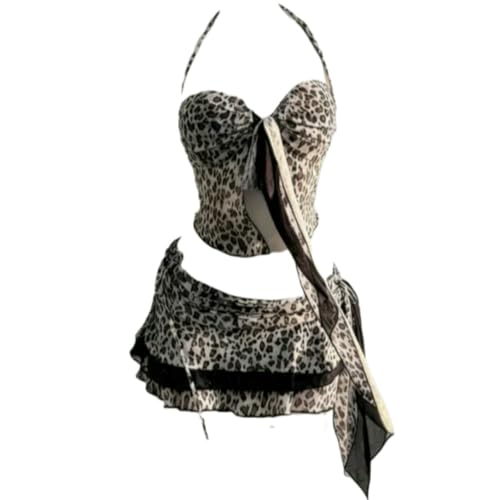 Maillot de bain imprimé léopard haut de gamme ensemble chic trois pièces col halter
