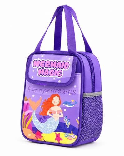 Cute Kids Lunch Bag for Girls, Insulated Thermal Tiffin Bag with Bottle Holder, Waterproof School Lunch Tote with Front Pocket & Long Handles, Reusable Lunch Box Carry Bag (Mermaid (PURPLE))