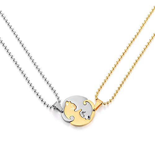 COOLSTEELANDBEYOND Pair Steel Matching Kitty Cat Friendship Pendant Necklace, Lovers Couples Friends2