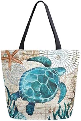 Naanle Ocean Turtle Canvas Tote Bag Large Women Casual Shoulder Bag Handbag, Sea Turtle Reusable Multipurpose Heavy Duty Shopping Grocery Cotton Bag for Outdoors.