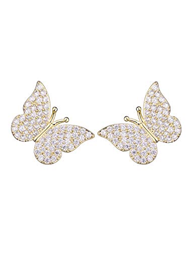CZ Pave Butterfly Earrings for Women - Butterfly Stud Earrings for Girls - Diamond Butterfly Dangle Earrings Plated in Gold White Gold