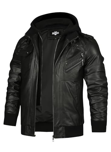 HOOD CREW Echtes Lederjacke Herren Rindsleder Bikerjacke Wintermäntel mit Kapuze für Herren Schwarz L