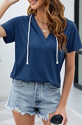 Nekosi Blue Short Sleeve V Neck Pullover Hoodie Women Cute Light Drawstring Sweatshirt #TOP1