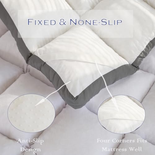 WhatsBedding Memory Foam Mattress Topper Queen Size Memory Foam Filled Warming Cooling Fluffy & Soft Pillow Top, Anti-Slip Bottom, 4 Elastic Straps, 80x60 Inch, Queen