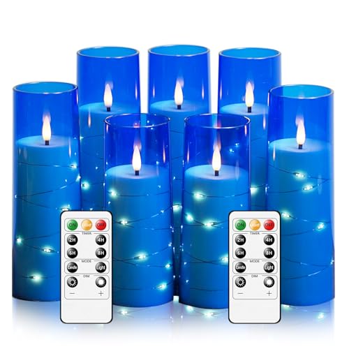 Image of Flameless Candles,with Embedded Star String, Battery Operated Candles Flickering LED Pillar Candles with Remote Control and Timer, Home Decoration Add a Warm and Romantic Atmosphere，Set of 7 (Blue)