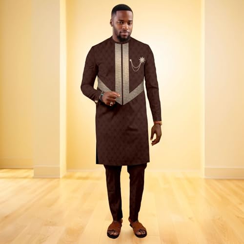 African Clothes for Men O-neck Embroidery Brooch Long Robes and Pants 2 Piece Set Dashiki Tracksuit2