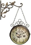 Orologio da parete con staffa di scorrimento, orologio vintage in metallo da appendere in stile stazione ferroviaria, design su entrambi i lati, ornamento a forma di uccello in ferro battuto