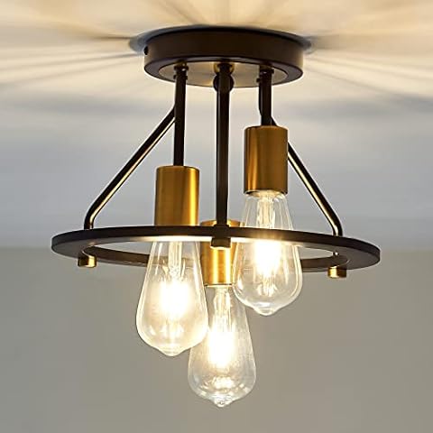 Qgiytp Industrial Semi Flush Mount Ceiling Light Fixture 3-Light Matte Black and Gold Chandelier E26 Farmhouse Ceiling Lamp for Entryway Hallway Bedroom Passway Balcony Cover
