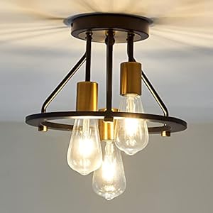 Industrial Semi Flush Mount Ceiling Light Fixture 3-Light Matte Black and Gold Chandelier E26 Farmhouse Ceiling Lamp for Entryway Hallway Bedroom Passway Balcony