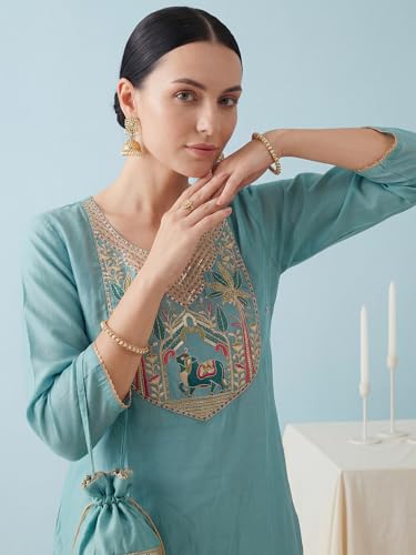 Image of INDO ERA Women's Silk Blend Embroidered Straight Kurta & Pant with Dupatta Set | Kurta Set With Dupatta For Women
