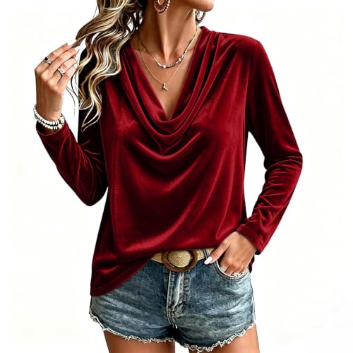 Velvet Tops for Women Cowl Neck Long Sleeve Dressy Casual Velour Shirt - image 6