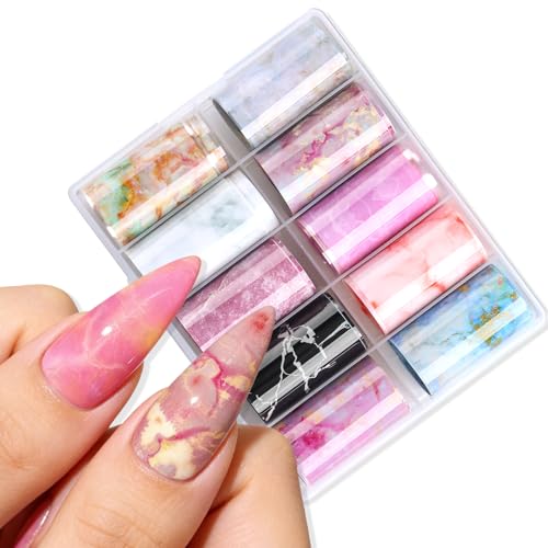 10 Rolls Marble Print Nail Art Foil Gradient Marbled Pattern Nail Transfer Foils Holographic Starry Sky Paper Manicure Stickers Decals Accessories for DIY Acrylic Nails Decorations