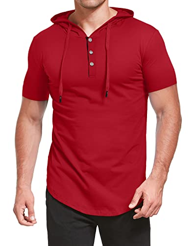 Kuyigo Men Fashion Hoodie Short Sleeve Athletic Sport Sweatshirt Solid Color Pullover Red 4X-Large #TOP1