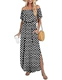 LILBETTER Womens Off The Shoulder Ruffle Party Dresses Side Split Beach Maxi Dress(F Black Polka Dot,Small)