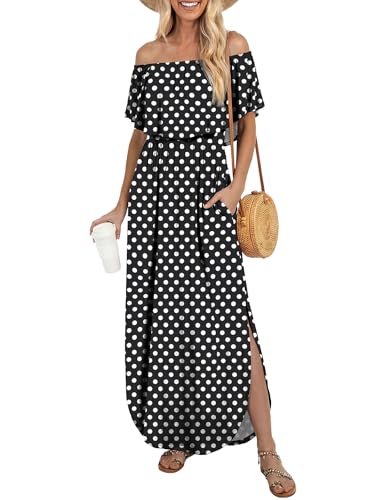 LILBETTER Womens Off The Shoulder Ruffle Party Dresses Side Split Beach Maxi Dress(F Black Polka Dot,Small)