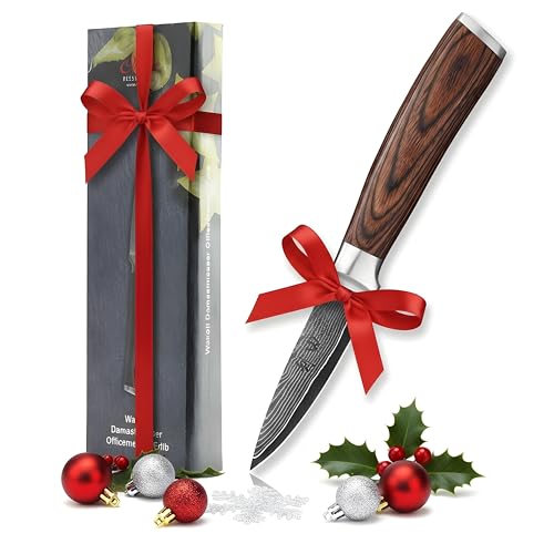 Wakoli EDIB Officemesser aus echtem Damaststahl (VG10 Kern) mit 8,5 cm Klinge – Scharf und handlich – Kleines Küchenmesser, Obstmesser &...