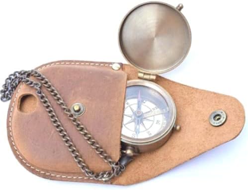 Brújula náutica de latón antiguo 2" con funda de cuero miniatura 3