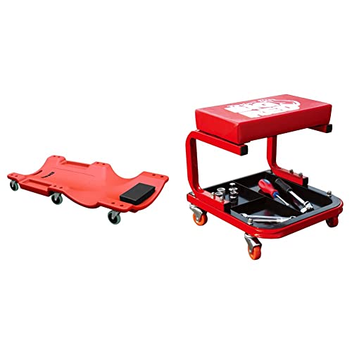 Dna Motoring Tools-00005 Heavy Duty Concave Shape Low Profile Automotive Creeper W/Padded Headrest & Torin Tr6300 Red Rolling Creeper Garage/Shop Seat: Padded Mechanic Stool With Tool Tray #TOP15