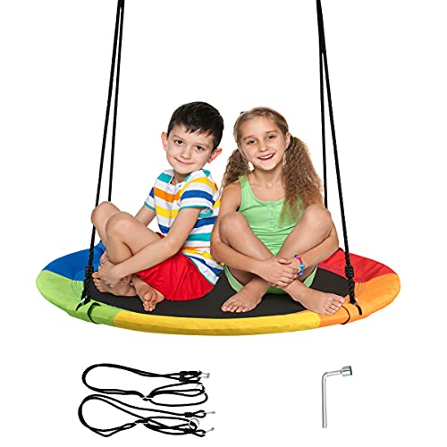 RELAX4LIFE Columpio Nido Φ100cm con Marco de Acero, Columpio Jardín Exterior con Altura Ajustable 100-160cm, Columpio para Niños y Adultos, Carga 150 kg (Multicolor)