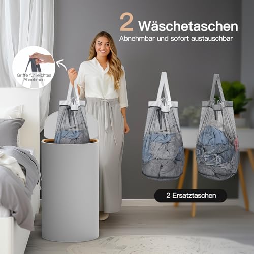 HELLKOPF Cesto para la colada de madera con tapa, 70 litros, para ropa sucia, 2 bolsas de lavandería en el interior con asas, fácil de quitar, cestas para dormitorio, baño, gris claro - imagen 3