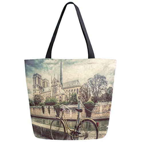 ZzWwR Vintage Paris Notre Dame Cathedral Seine River Bike Print Extra Large Canvas Shoulder Tote Top Storage Handle Bag for Gym Beach Weekender Travel Shopping