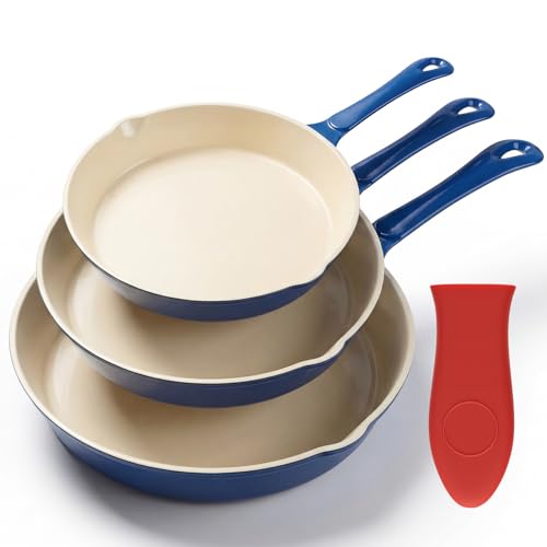 Hteizpz Enameled Cast Iron Skillet 3-Piece Set, Nonstick Heavy-Duty 11', 10', 8.6' Frying Pan, Oven & Induction Safe, Cookware for Gas, Electric, Ceramic Stovetops​, Blue