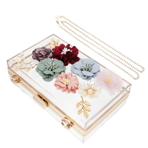 Pochette de soirée en acrylique transparent avec fleurs 3D Hemobllo