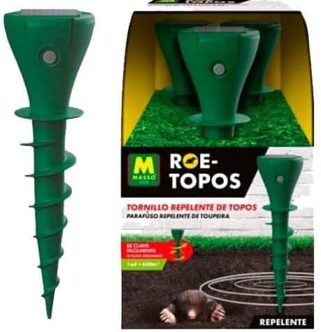 Roe-Topos Tornillo Repelente de Topos Solar - Masso. 3 Unidades para ahuyentar Topos, topillos, Ratones de Campos, Ratas y Serpientes. hasta 650 m² de Cobertura.