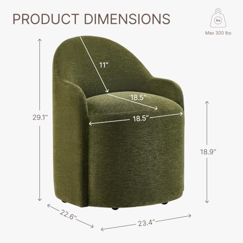 Image of KISLOT Upholstered Dining Chairs with Casters, No Assembly Modern Dining Room Chairs Accent Vanity Chair with 5 Wheels & Round Backrest for Bedroom, Living Room, Dressing, Green Fabric, Set of 1