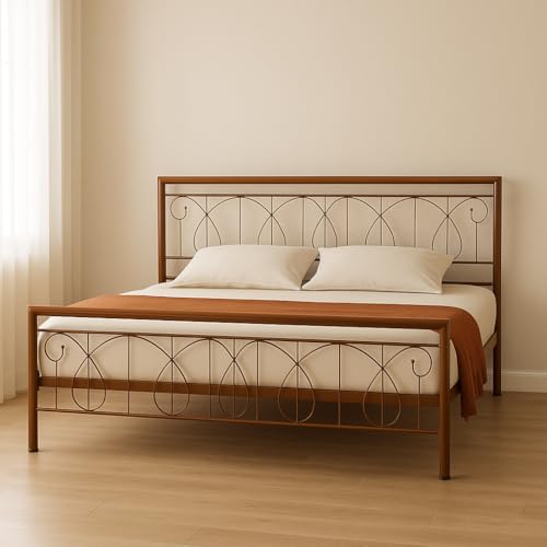 Image of Kovu Metal King Size Bed Without Storage | Wrought Iron Double Bed with Headboard & Footboard | Sturdy Powder Coated Platform Bed King Size Cot for BedroomLivingRoom Brown (75x72)