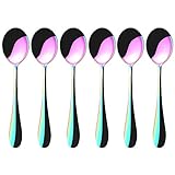6 Inch Stainless Steel Colorful Rainbow Tea Spoons, Metal Round Dessert Mixing Stirring Coffee Spoon, Ice Cream Cocktail Soup Tableware Spoons, Mirror Polish, Set of 6