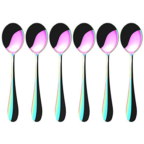Cindick Stainless Steel Colorful Rainbow Tea Spoons, 6 Inch Metal Round Dessert Mixing Stirring Coffee Spoon, Ice Cream Cocktail Soup Tableware Spoons, Mirror Polish, Set of 6