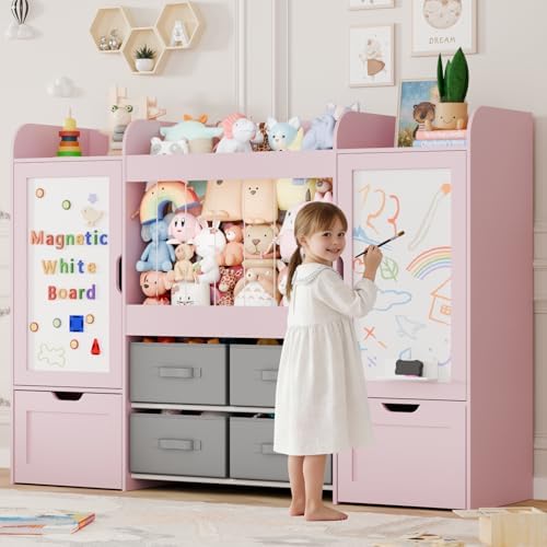 61" W Toy Organizer, Kids Bookshelf with 122L Stuffed Animal Storage, 2 Magnetic Drawing Boards, and 2 Movable Rolling Drawers, 4 Storage Bins, Large Wooden Shelf for Girls/Boys Room Organization