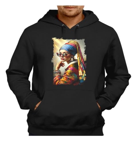 MERCHANDMANIA Sudadera Negra con Capucha Cuadro Arte ja Joven de la Perla Moderna Gafas Woke Adulto Poliester algodón Sweatshirt